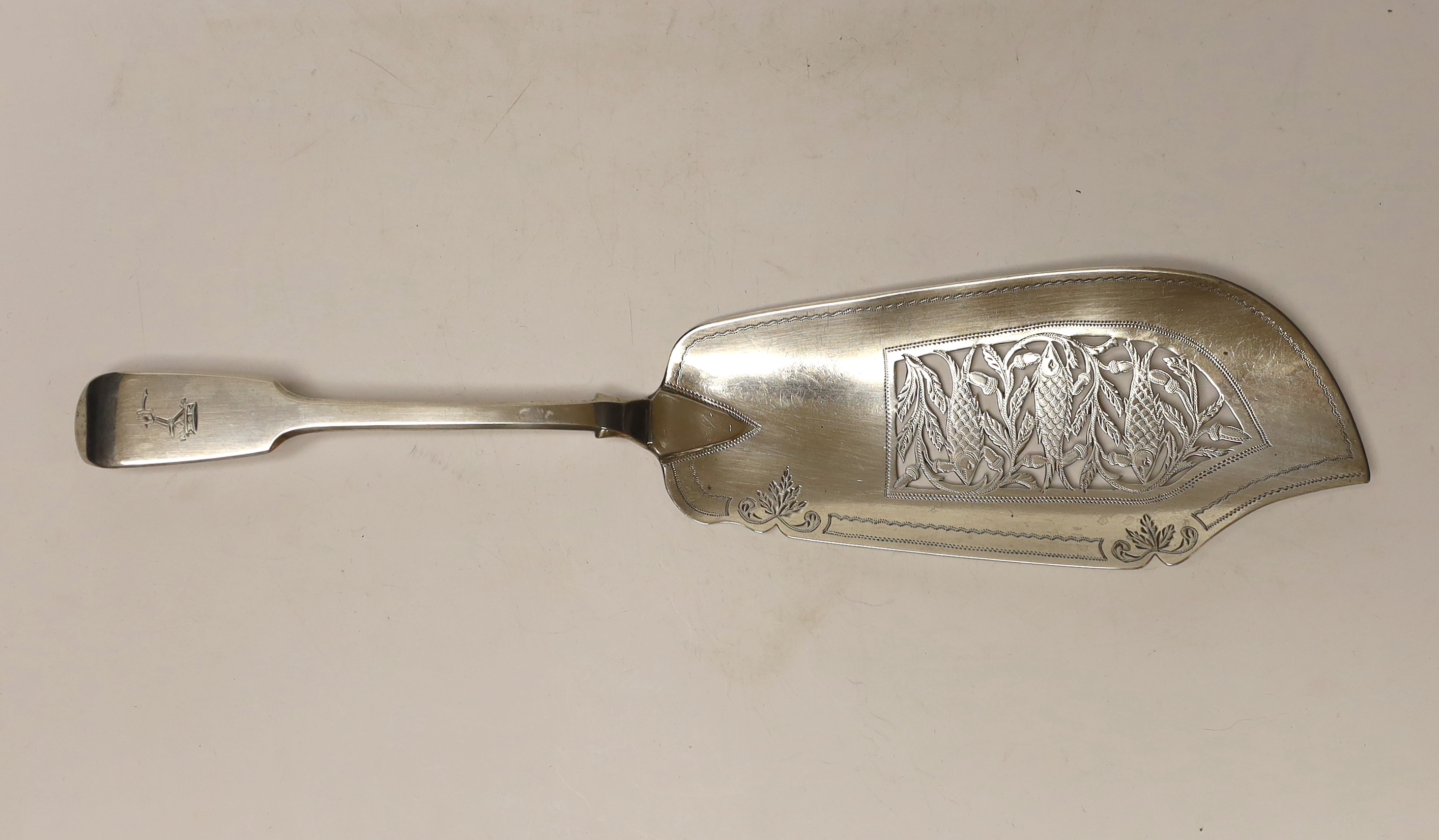 An early Victorian silver fiddle pattern fish slice, Joseph & Albert Savory, London, 1844, 31.5cm, 4.2oz.